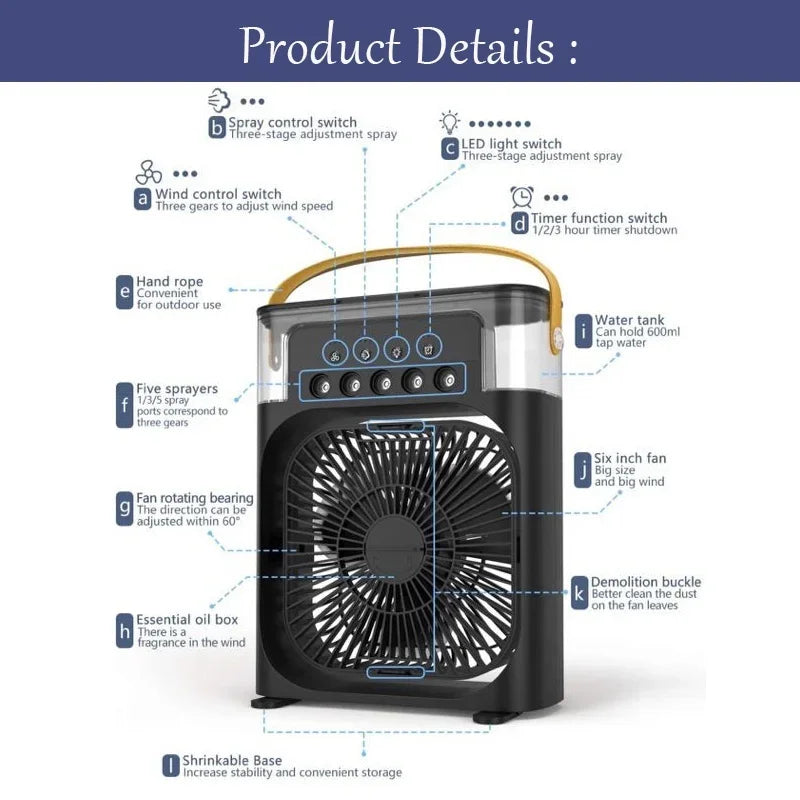3 In 1 Fan Air Cooler – Mini AC, Humidifier & LED Light for Home