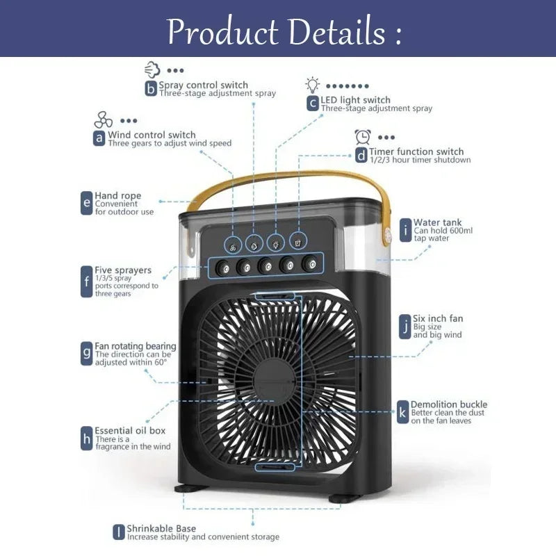 3 In 1 Fan Air Cooler – Mini AC, Humidifier & LED Light for Home